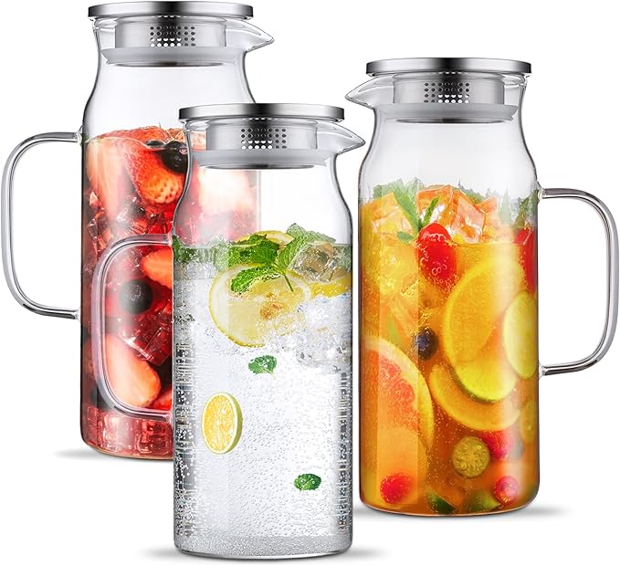 Bivvclaz 3 Pack 2 Liter 68 oz 2.1 Qt Glass Pitcher with Lid and Handle, Water Pitcher for Fridge, Glass Carafe for Hot/Cold Water, Large Iced Tea Jug for Coffee, Juice and Homemade Beverage