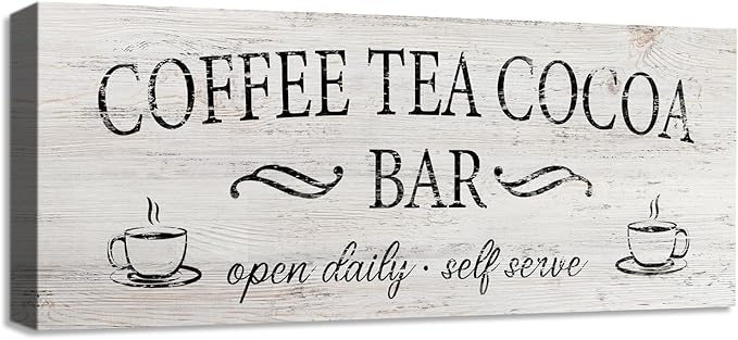 Coffee Tea Cocoa Bar Sign Decor Farmhouse Wall Plaque with Wood Grain Retro Cafe Canvas Prints for Bar Decor Open Daily Self Serve Kitchen Cafe Pub Nook Decoration Accessories 8"x24"