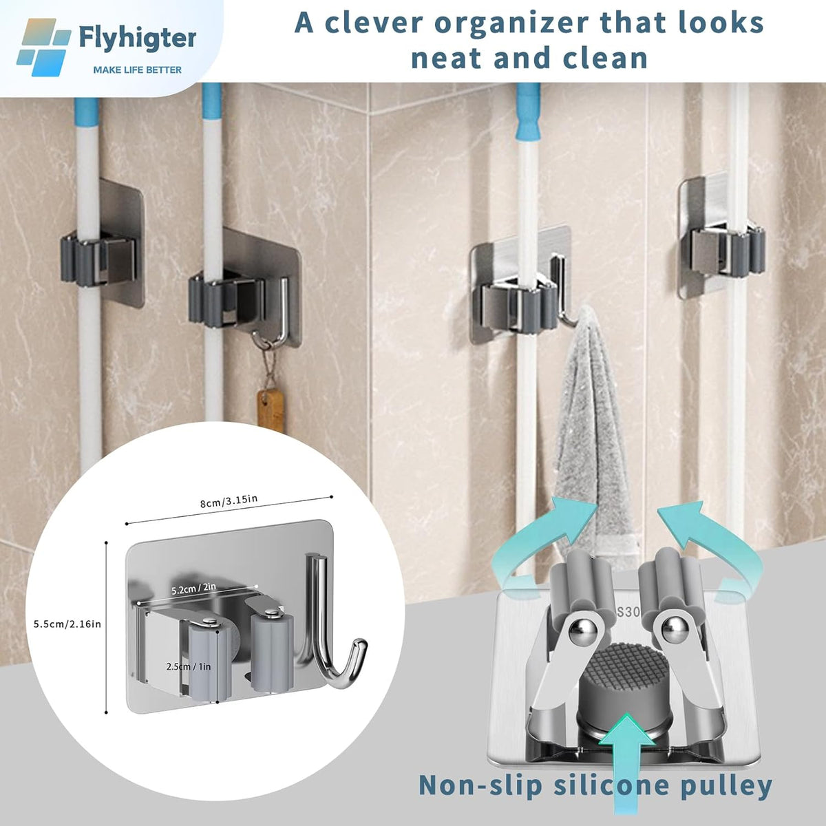8 Pack Stainless Steel Mop Clips – Heavy Duty Wall Mounted Broom Holders, Rustproof & Tool-Free Install with Back Adhesive or Glue for Home and Garage