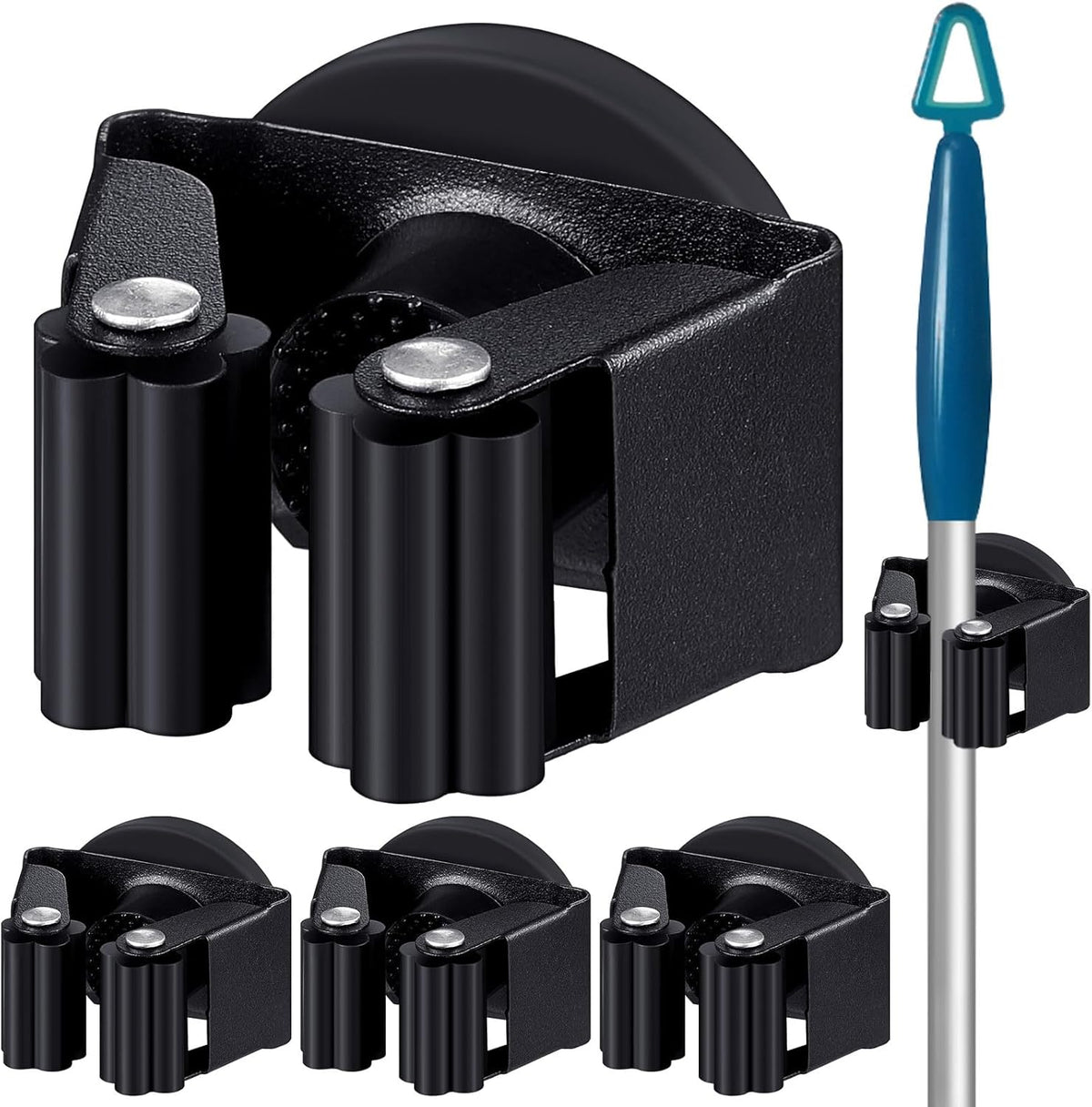 4 Pcs Magnetic Mop Broom Holder Movable Magnetic Broom Holder Rack, Anti Slip Wall Mounted Utility for Cleaning Tools, Garage, Kitchen, Laundry, Garden (Black)