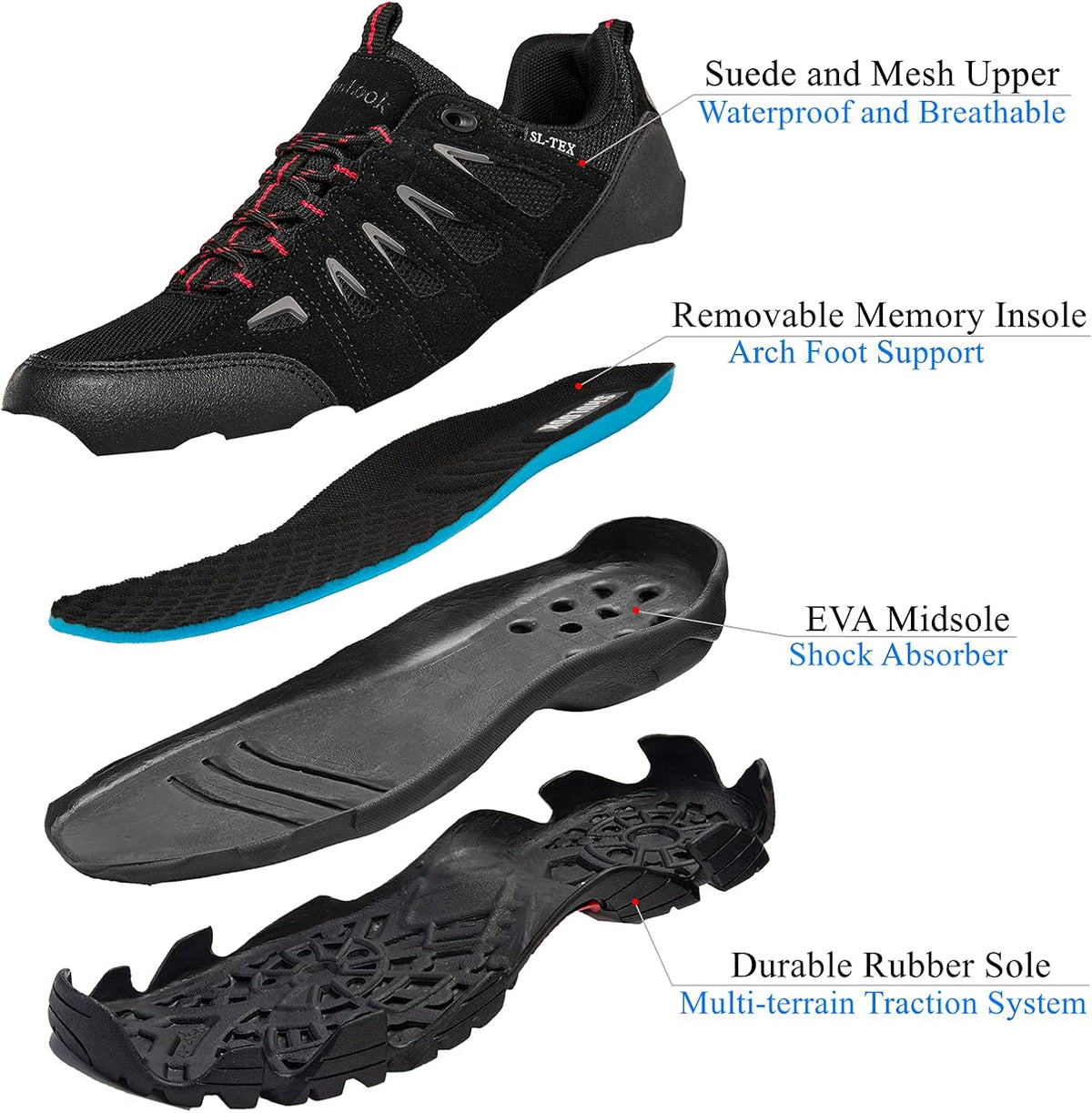 SHULOOK Men's Waterproof Hiking Shoes Lightweight Anti Slip Outdoor Ankle Boots Breathable Hike Trekking Trails Shoe