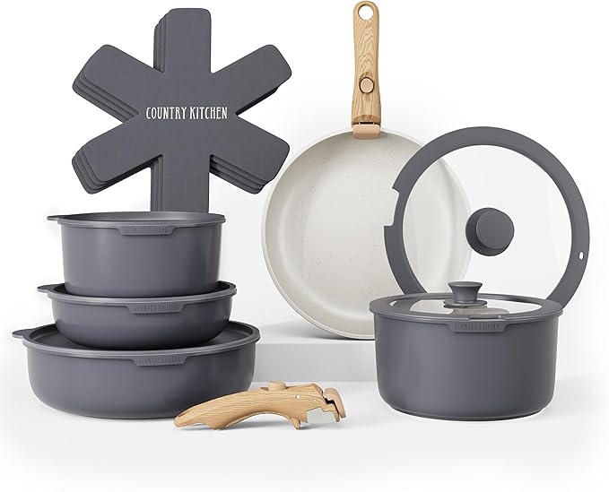 Country Kitchen Cookware Set with Removable Handle, Oven & RV Safe Pots and Pans Set, Grey/Ivory Wood Handle, Original