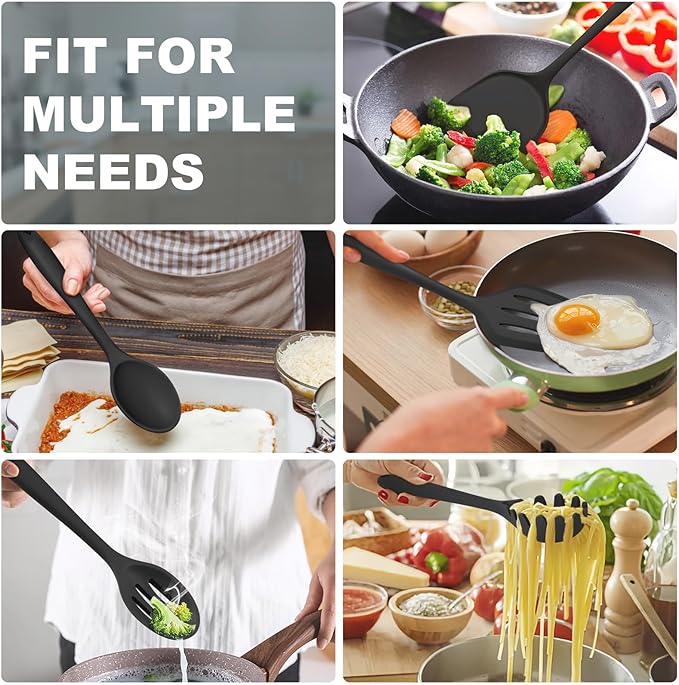 TeamFar Silicone Cooking Utensils Set, 5-Piece Heat Resistant Kitchen Utensils Set, Nonstick Slotted Solid Spoon Turner Pasta Server for Frying, Serving, Mixing, Non-Toxic & Dishwasher Safe, Black