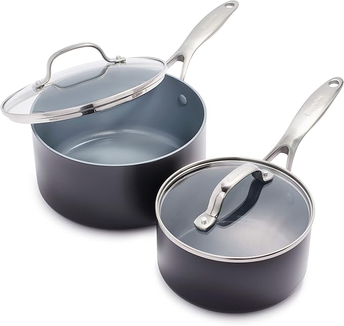 GreenPan Valencia Pro Ceramic Nonstick 1.66QT & 3.3QT Saucepan Pots with Lids Set, Hard Anodized PFAS-Free Cookware, Induction Ready & All Cooktops, Soup & Sauce, Dishwasher & Oven Safe to 600F, Gray