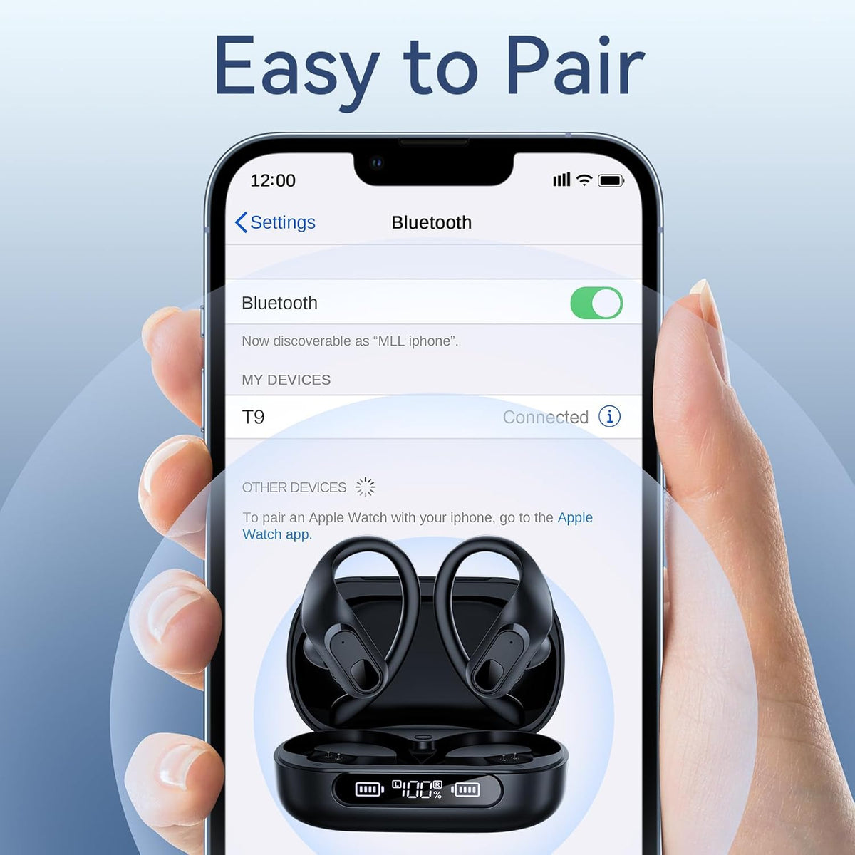 occiam Active Noise Cancelling Ear Buds Wireless Earbuds Bluetooth Headphones 96Hrs Playback LED Display Over-Ear Waterproof Earphones with Earhooks Mics Clear Call for Sport/Running/Workout Black