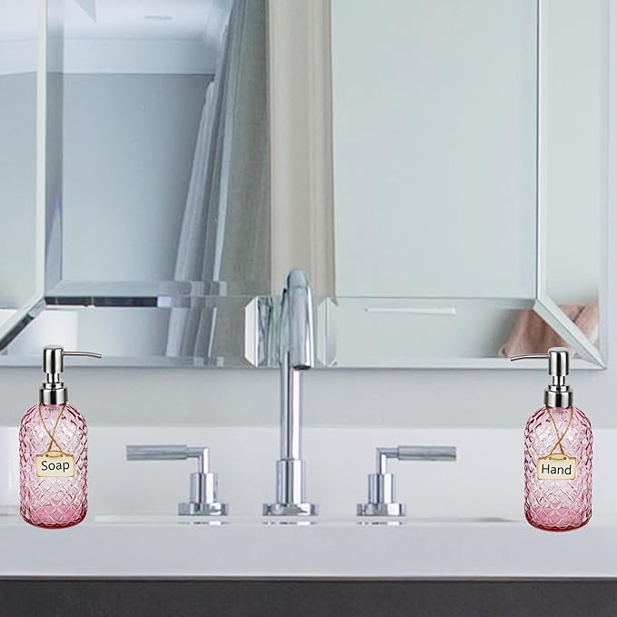 16 oz Soap Dispenser with 304 Rustproof Stainless Steel Pump, Kitchen, Bathroom Refillable Glass Liquid Soap Dispenser for Hand Soap, Soap, Lotion. (Pink-2pack)