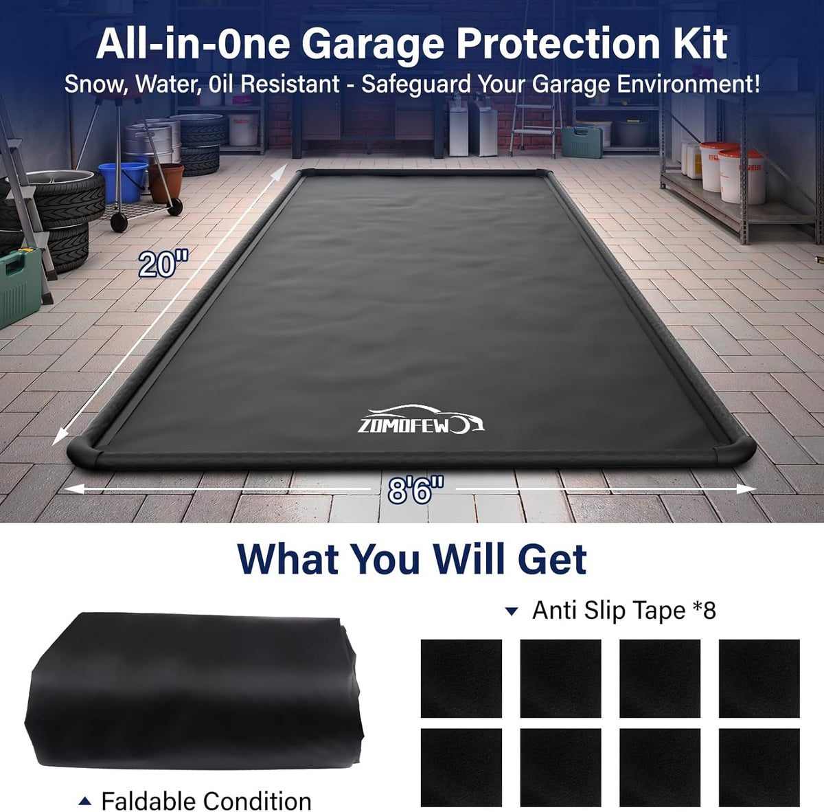 Garage Car Mat, Non-Slip Garage Floor Mat, Heavy Duty Waterproof Containment Mat for Snow Ice Water and Mud (8'6" x 20')