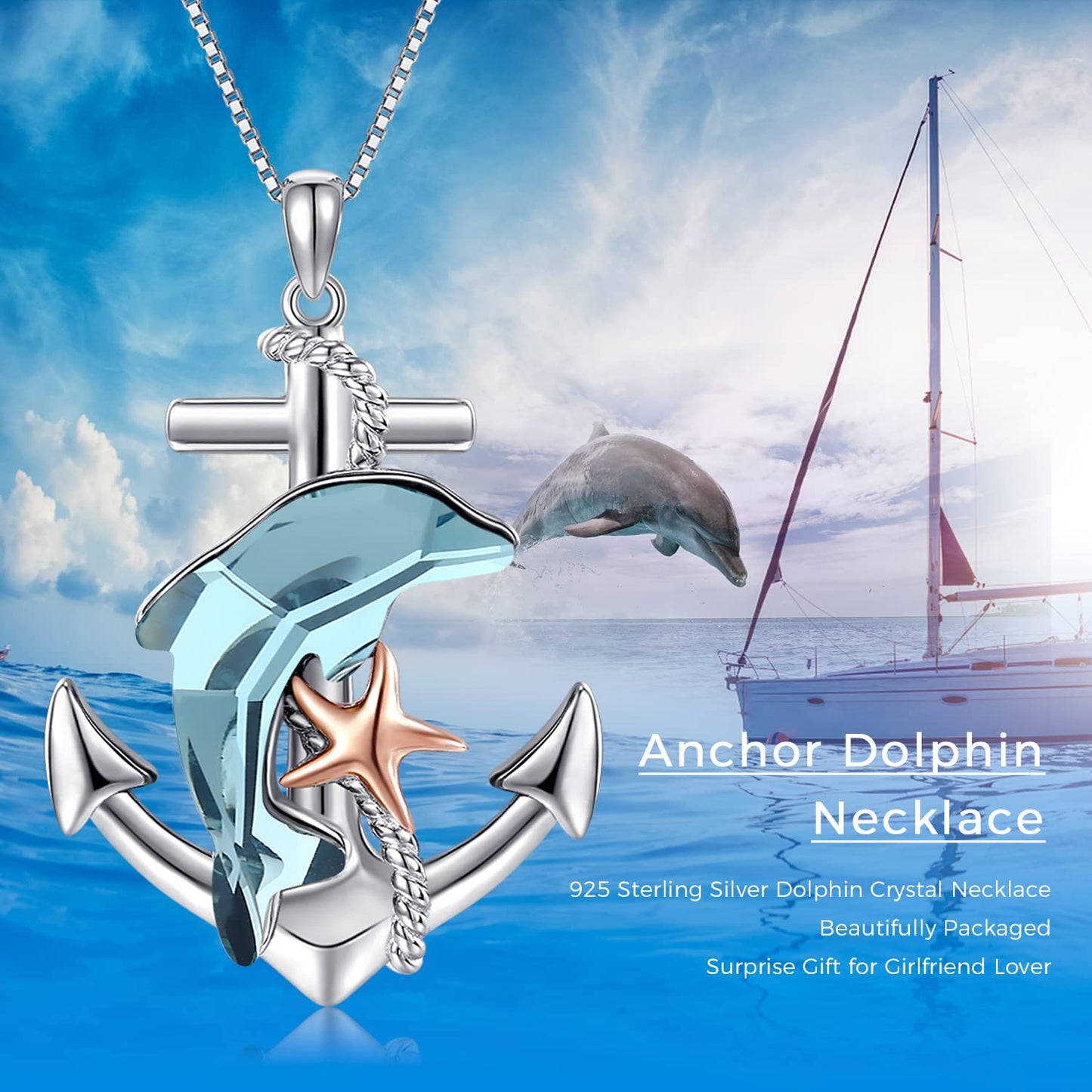 KoyeKei Dolphin Necklace Gifts for Women 925 Sterling Silver Anchor Dolphin Crystal Necklaces Nautical Ocean Pendant Beach Themed Jewelry Starfish Graduation Gifts for Daughter Best Friend Lover