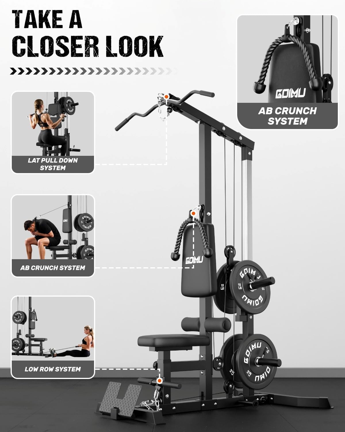 LS01 LAT Pulldown Machine, LAT Row Cable Machine with AB Crunch, LAT Tower with Cable Row Attachments, 3 in 1 Pulley Stations for Home Gym