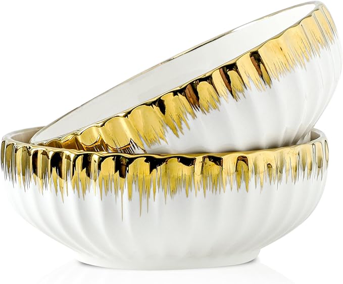 LETAOTAO Serving Bowls, 8 inch Large Salad Bowls, Ceramic Bowl Set of 2 White Bowl with Gold Trim, Kitchen Decorative Bowls Set for Kitchen, Salad, Soup, Pasta and Dinner(60 oz)