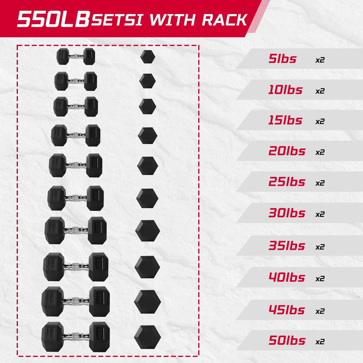 YUFER 6-10 Pair Hex Dumbbell Weight Set With Rack for Home Outdoor Gyms Rubber 5-50 lbs Exercise & Fitness Nonslip Handle Dumbbells and Storage Rack Hold 350/450/550 Pounds