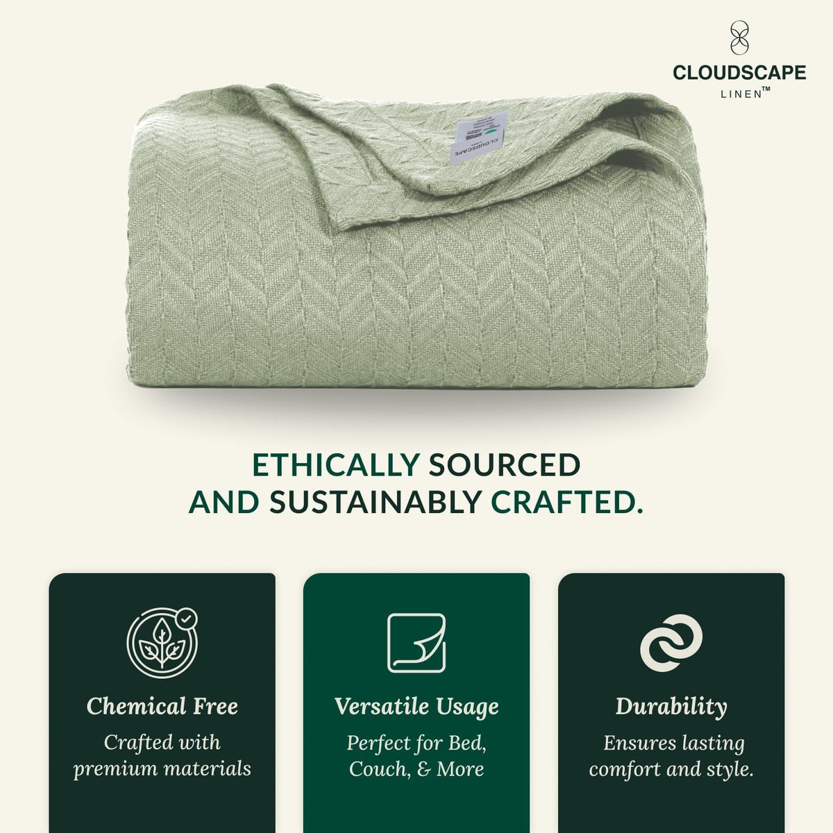 Cloud Scape Linen Herringbone Cotton Throw Blanket for Couch, Bed,Sofa, Home Decor, Soft, Lightweight, All-Season Bed Blanket, 50 x 70, Seafoam Green