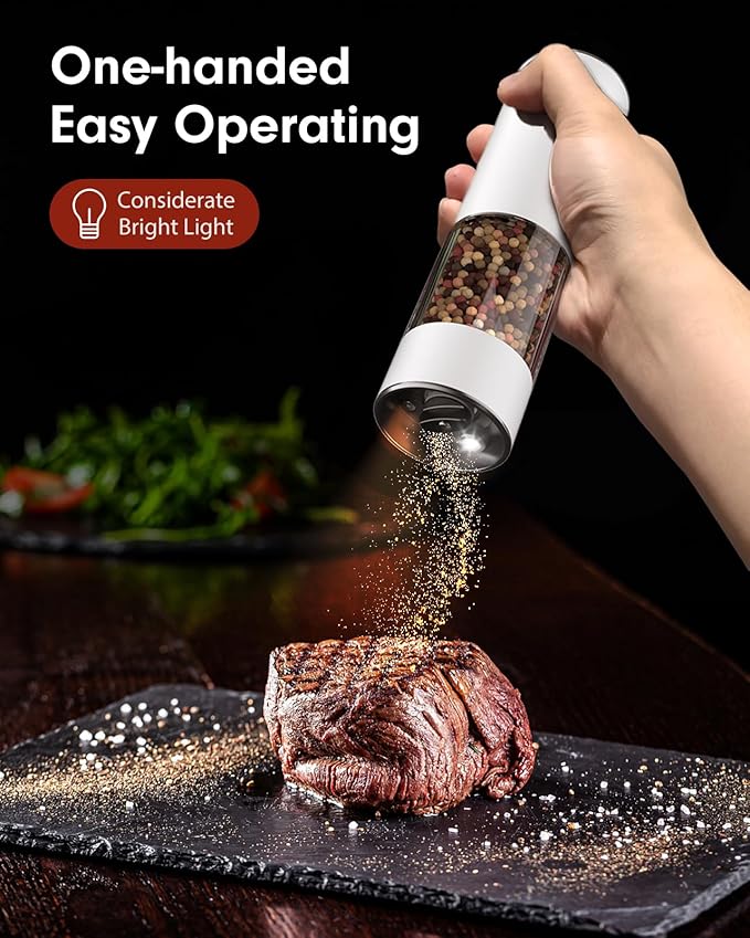 TOMEEM Upgraded Larger Capacity Electric Salt and Pepper Grinder Set Rechargeable with LED lights, Stainless Steel Automatic Pepper and Salt Grinder Refillable with 5 Adjustable Coarseness White