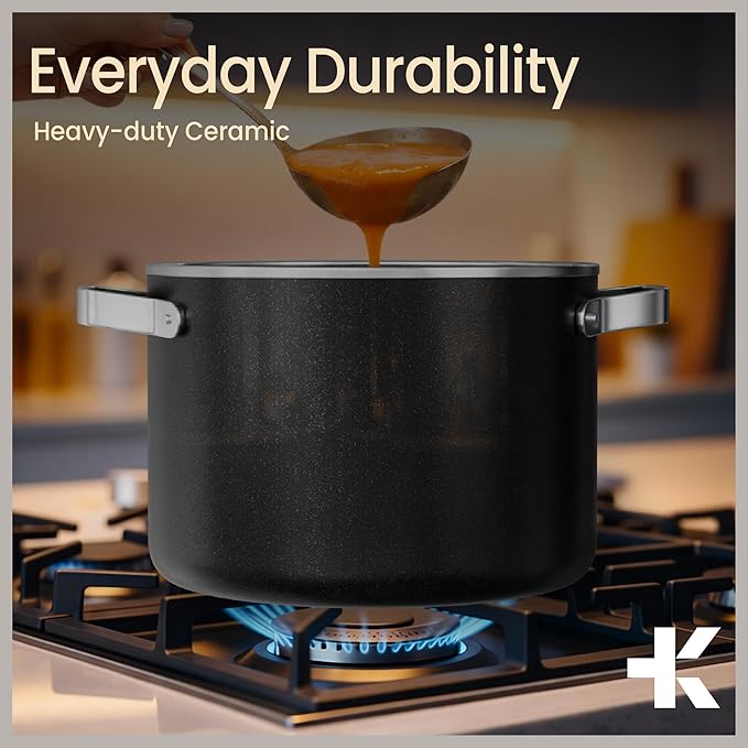 Bakken 5 Quart Ceramic Coated Stock Pot with Lid, Easy to Clean Nonstick Pot, Tempered Glass Lid, Riveted Stainless Steel Handles, Oven Safe Up To 500°F, PTFE & PFAS Free, All Stove Compatible, Black