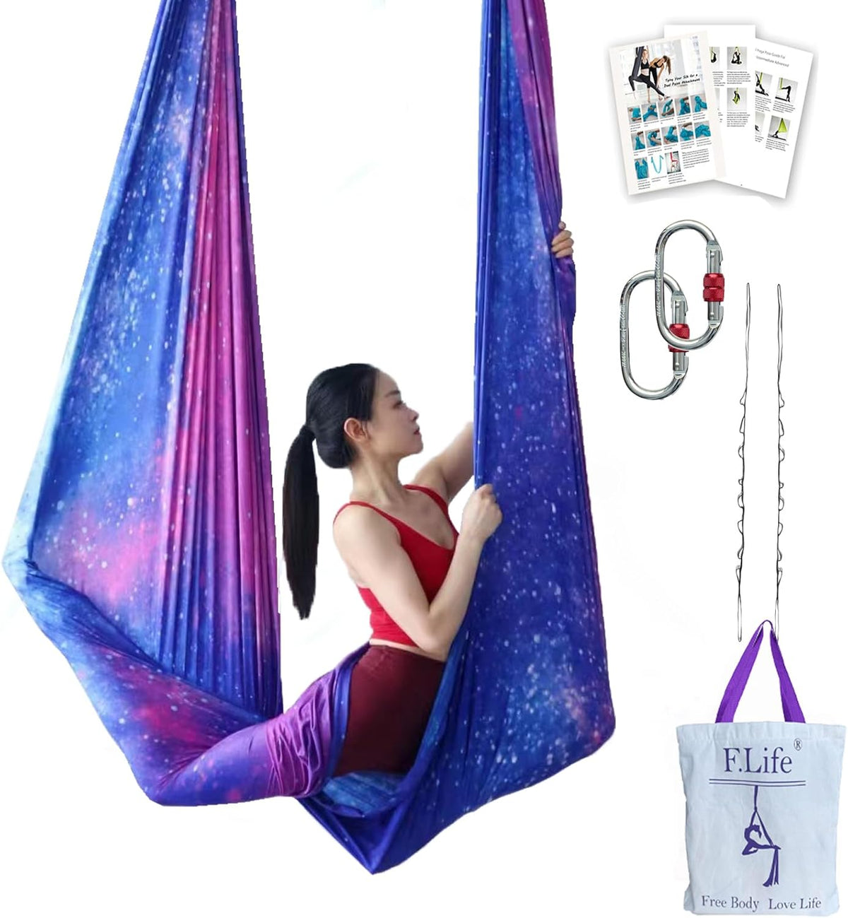 F.Life Aerial Yoga Hammock kit- Yoga Swing Multicolor 5 yards-Flying Yoga Include Daisy Chain,Carabiner and Pose Guide