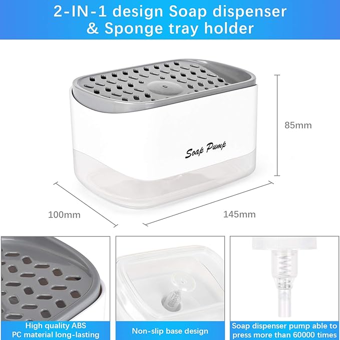 Kitchen Dish Soap Dispenser with Sponge Holder, 2-in-1 Countertop Soap Pump Dispenser, for Kitchen Sink Dishwashing Soap Dispenser - 12.5 Ounces