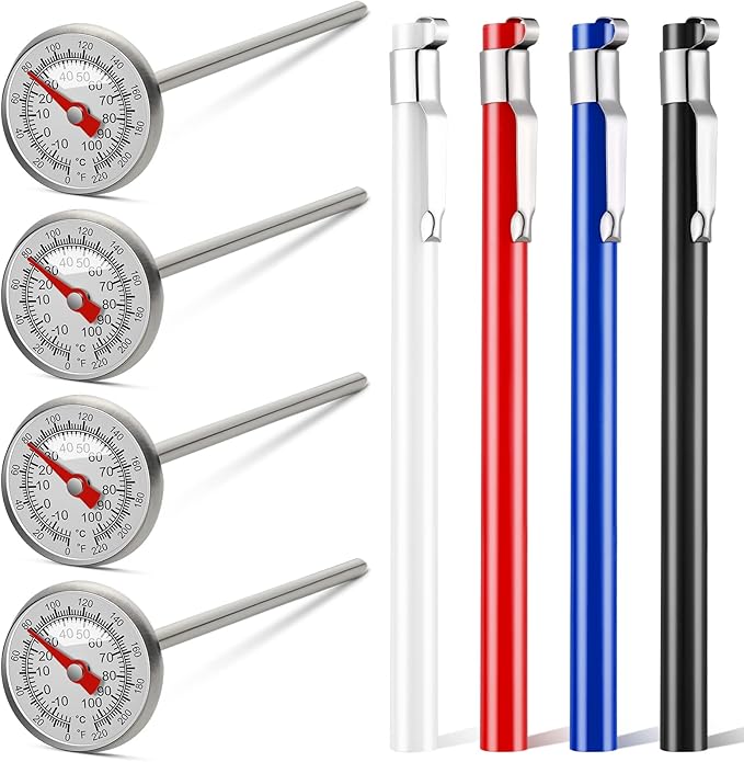 Xuhal 4 Pieces Stainless Steel Kitchen Pocket Thermometer Immediate Read 1 Inch Dial Food Thermometer with 4 Pcs Sleeves for Milk Frothing Oven Meat Cooking Probe Water Grill Coffee BBQ