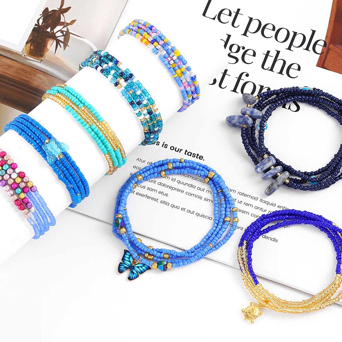 ELABEST 24-39inch African Waist Beads for Women 8Pcs Elastic Belly Beads Colorful Beaded Waist Jewelry Accessories Body Chain (Blue, 31.5inch/80cm)