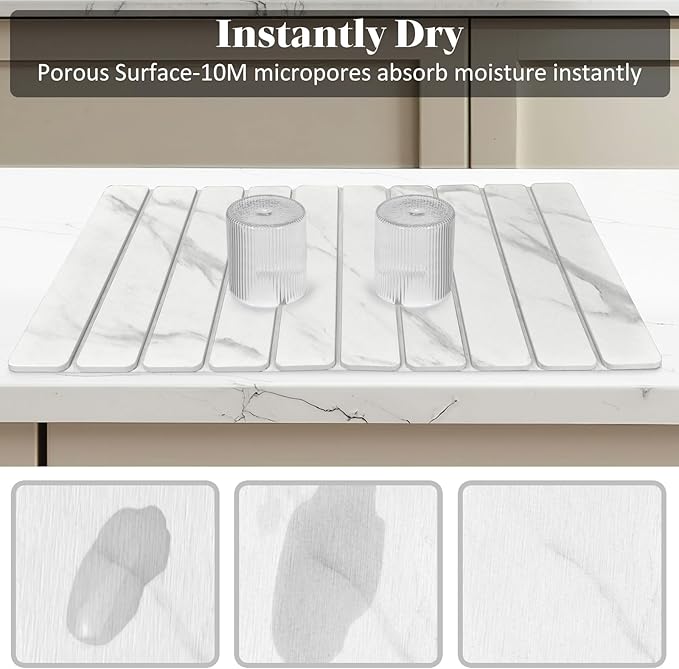 Stone Dish Drying Mats for Kitchen Counter, 24"(L)×16"(W) Marble-Pattern, Collapsible Quick Drying Dish Mats, Ultra Absorbent Diatomaceous Earth Mats for Dishes , Match Any Countertop