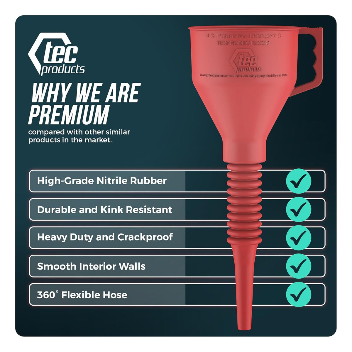 FlexAll Long Flexible Funnel for Automotive Use - Durable Nitrile Rubber - Ideal for Car Oil Change, Transmission Funnel Fluid, Diesel, Fuel, Gas - Made in USA - Red (16 x 5 Inches)