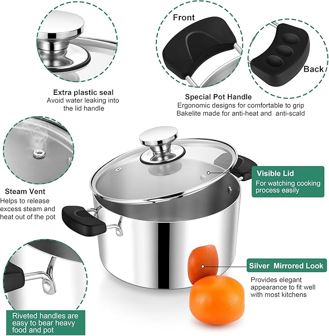 6 Quart 3-Ply Cooking Stock Pot with Lid, P&P CHEF Stainless Steel Large Pot for Pasta Soup, Work on Multi Stove, Heavy Duty & Dishwasher Safe, Dual Heat-resistant Handles & Transparent Glass Lid