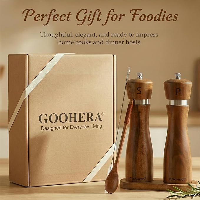 Premium Acacia Wood Salt & Pepper Grinder Set, 8-Inch Manual Mills with Adjustable Coarseness, Ceramic Core, Matching Tray, Spoon & Cleaning Brush – 2 Pack