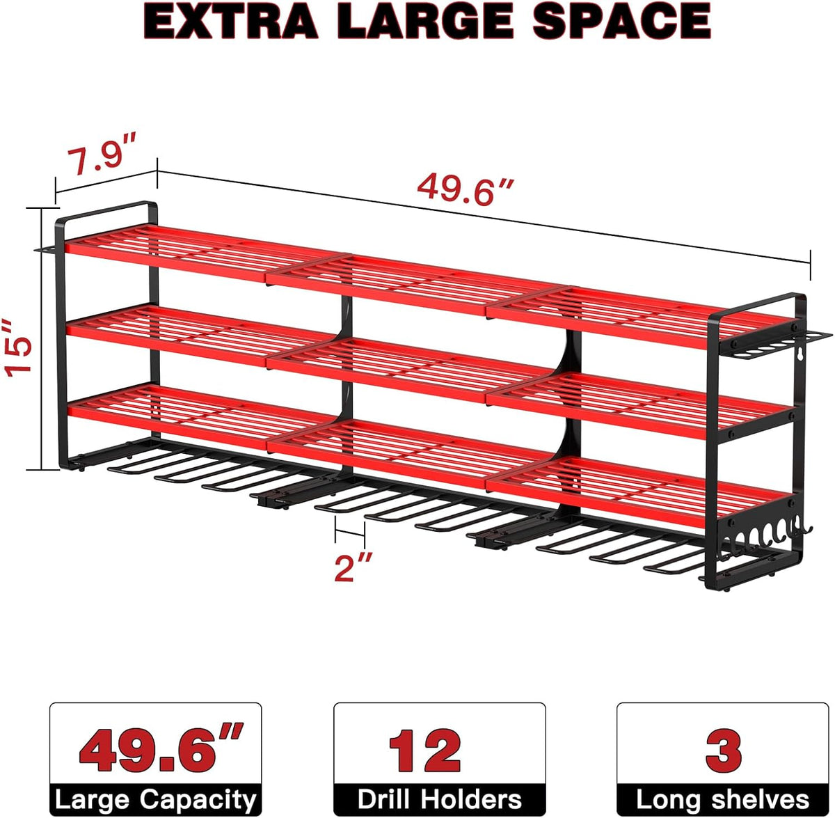48" Large Power Tools Organizer Wall Mount,12 Drill Holder for Garage, Workshop Heavy Duty Storage Rack (Red)