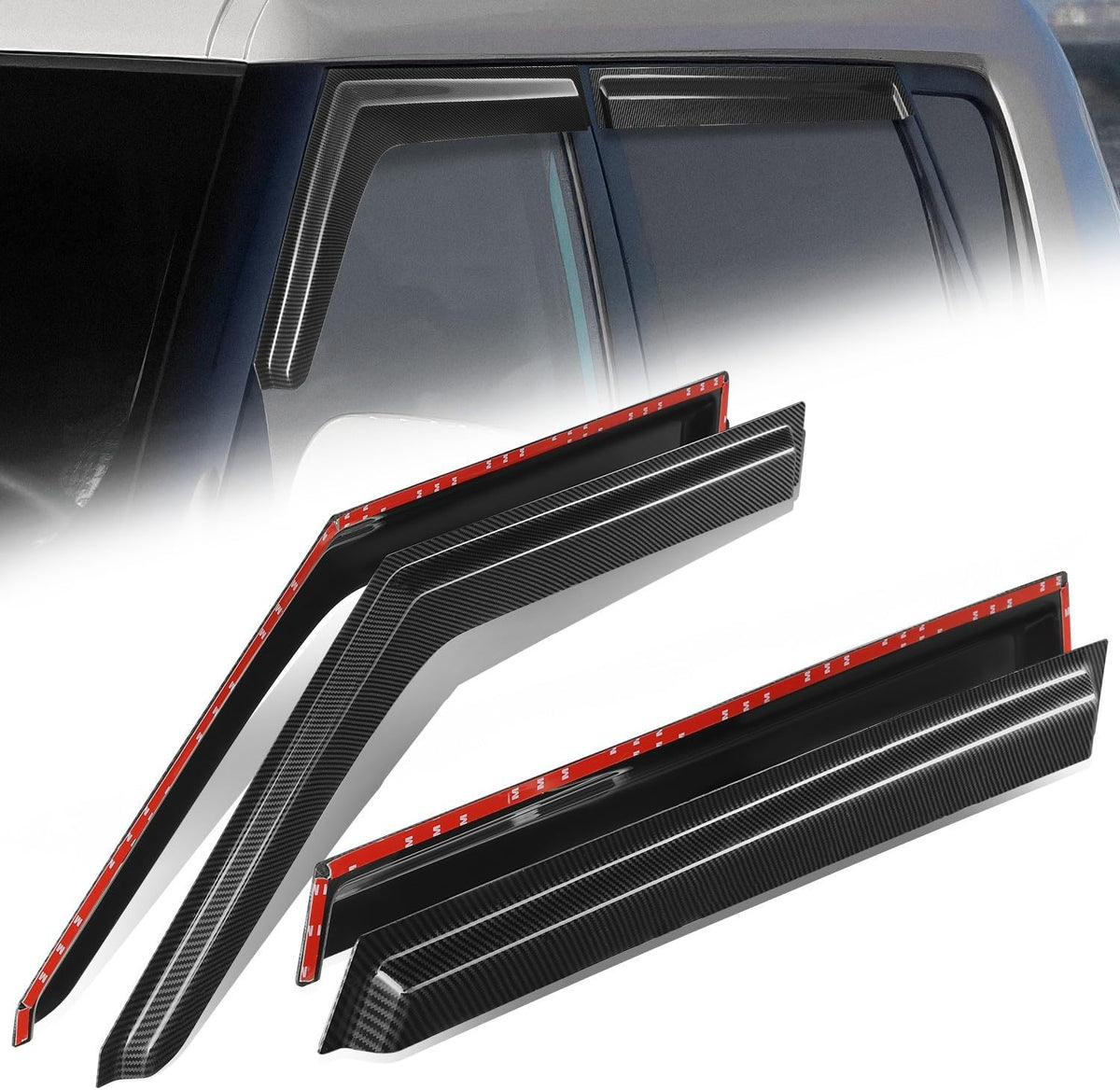 Auto Dynasty 4Pcs Carbon Fiber Pattern Window Visors Compatible with 2010 2011 2012 2013 Soul, Tape-On Front & Rear Window Deflectors Rain Guards Sun Wind Air Side Vent Shade, Glossy Black