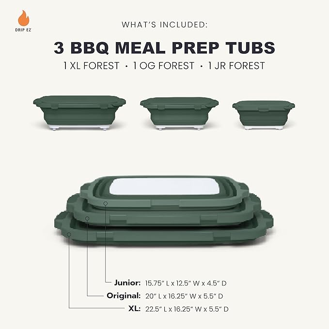 Drip EZ Collapsible BBQ Prep Tubs 3-Piece Set - For Meal Prep Marinating Food Storage - Includes Cutting Board & Lid - (1) JR + (1) OG + (1) XL - Green