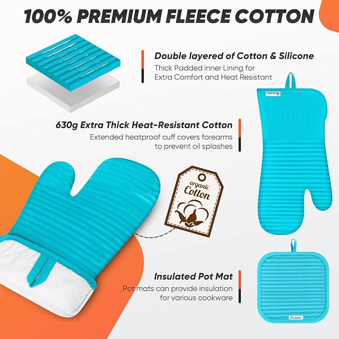 Oven Mitts Kitchen Towels and Dishcloths with Pot Holders Sets, Oven Gloves Hot Pads 500°F Heat Resistant with Silicone Grip, Include 2 Cooking Gloves/2 Potholders/4 Kitchen Towels/4 Dish Towels