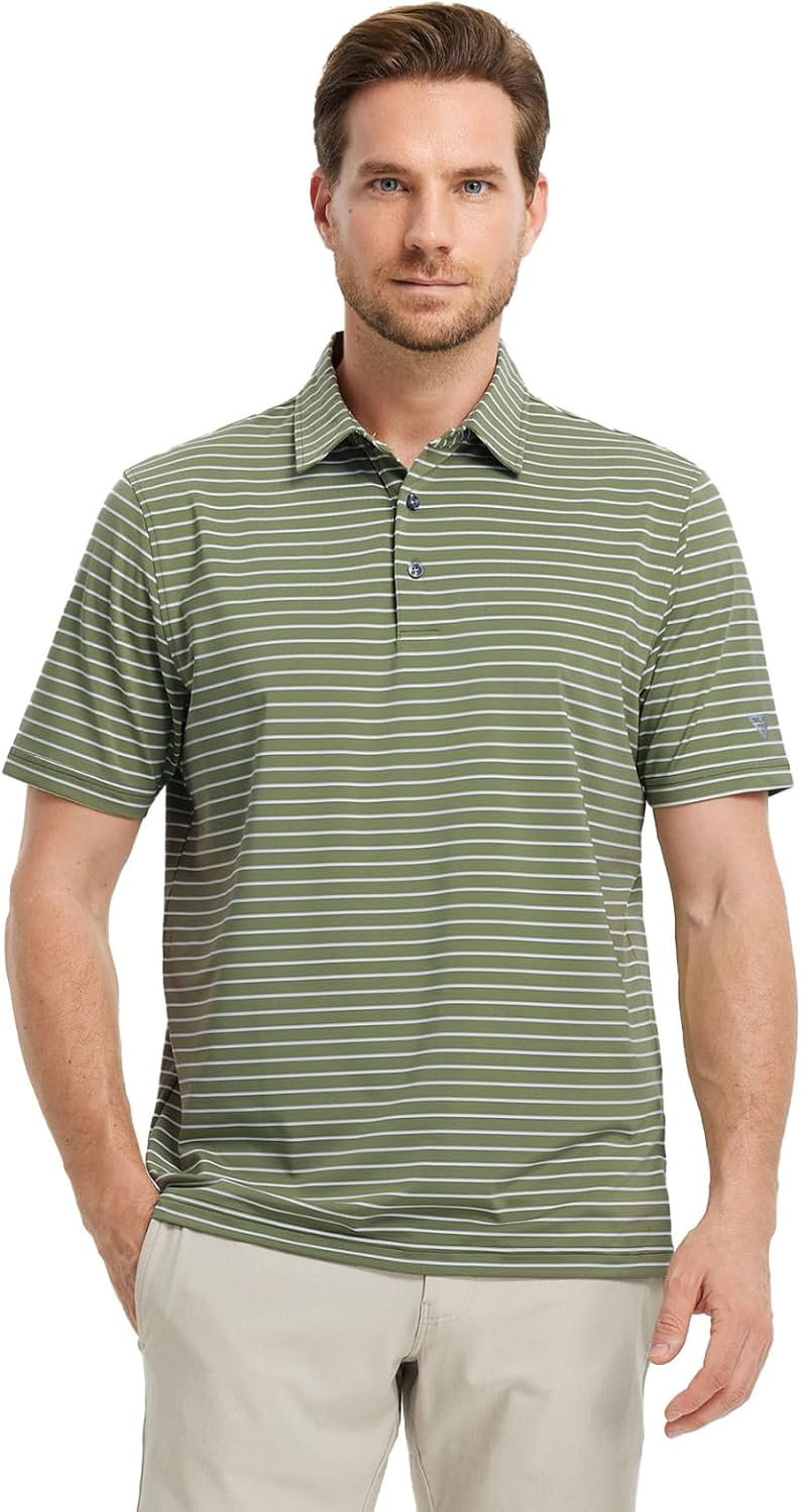 M MAELREG Golf Shirts for Men Moisture Wicking Striped Polo Performance Dry Fit Business Sports Mens Polo Shirts Short Sleeve