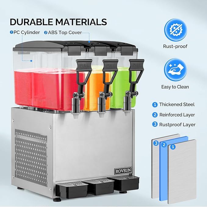 ROVSUN Commercial Beverage Dispenser 7.8 Gal/30L, Commercial Juice Dispenser Cold Drink Dispenser 10L X 3 Tanks Stainless Steel with Thermostat Controller for Home Restaurant Bar Party 110V/60HZ