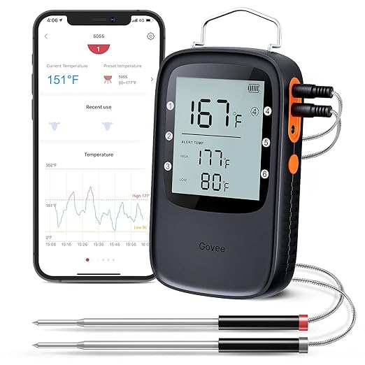 Govee Bluetooth Meat Thermometer, Wireless Meat Thermometer for Smoker Oven, Digital Grill Thermometer with 2 Probes, Timer Mode, Smart LCD Backlight BBQ Thermometer for Cooking Turkey Fish Beef