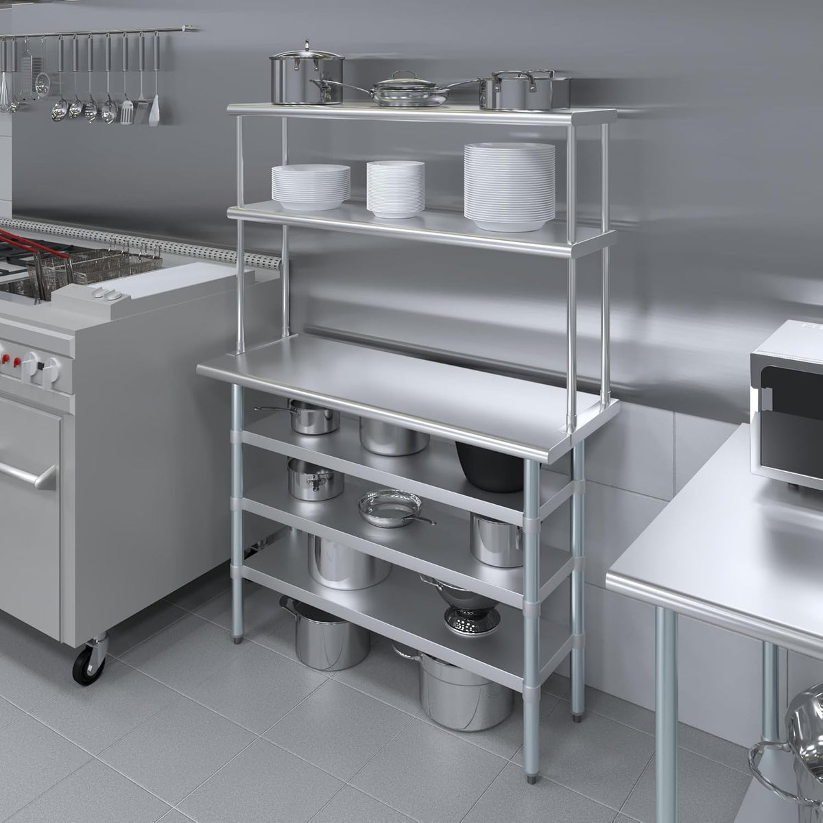 Amgood 18" x 48" Stainless Steel Work Table with 3 Shelves and 12" Wide Double Tier Overshelf | Metal Kitchen Prep Table & Shelving Combo | NSF