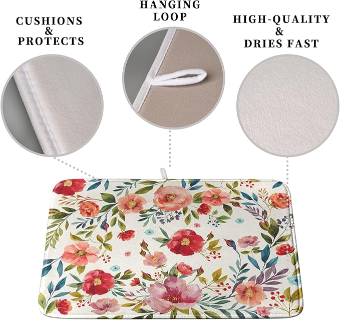 Floral Dish Drying Mat for Kitchen Counter Absorbent Microfiber Dishes Drying Pad Cute Flowers Dish Drainer Rack Mats Washable Coffee Sink Mat 16x18 Inch