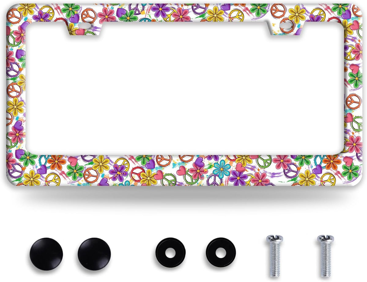 Peace Flower License Plate Frame Funny Colorful Floral License Plate Frames Stainless Steel Accessories Cars Decor With 2 Holes And Screws Fits Standard Us Ca Vehicles License Plate Holder 12.2 X 6 In
