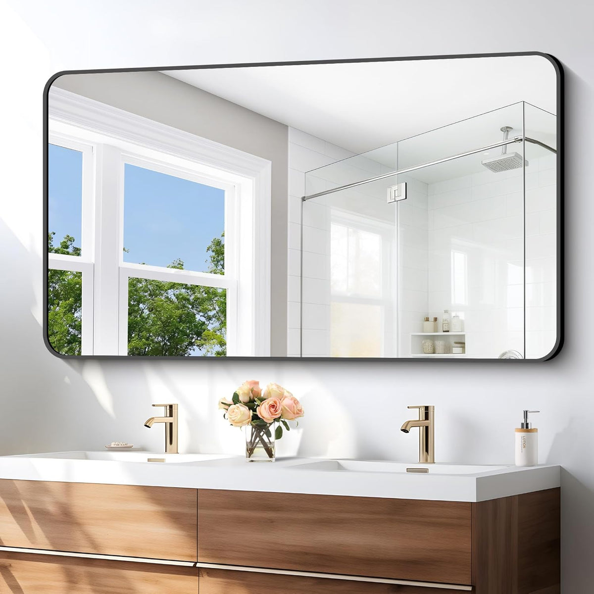 30x55 inch Bathroom Mirror,Black Rectangle Mirror,Wall Mounted Bathroom Frame Vanity Mirror with Round Corner for Bedroom Living Room, Entryway Hangs Horizontal or Vertical