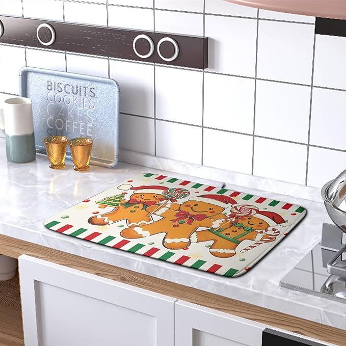 Christmas Dish Drying Mat Gingerbread Man Candy Cane Xmas Tree Drying Mats for Kitchen Counter Winter Holiday Dish Drainer Pad Absorbent Microfiber Dish Draining Mat 18x24 Inch