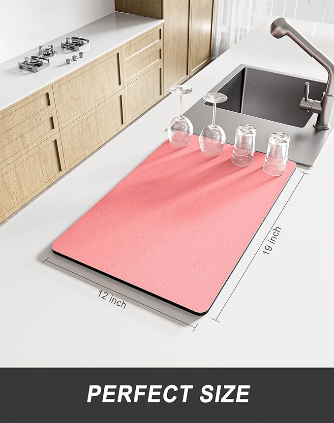 Rnivvi Dish Drying Mat for Kitchen Counter, 12 x 19" Super Absorbent Drainer Pad Easy Clean Dish Rack Pad, Non-Slip Heat Resistant Coffee Bar Mats for Coffee Machine Station Accessories, Rose Pink