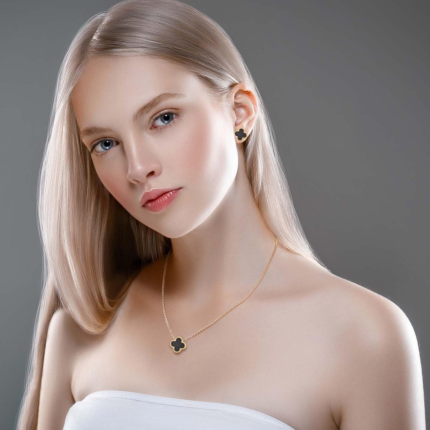 KYJAC Clover Jewelry Set - 18k Gold Plated Pendant Necklace and Stud Earrings - White, Black, Red Four Leaf Clover Design - Gifts for Women (Gold Black Set)