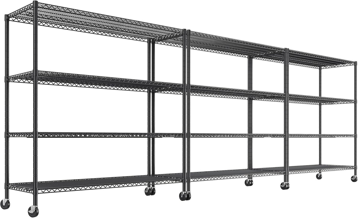 REIBII 55.5''W Storage Shelves 2500LBS Wire Shelving Unit with Wheels Heavy Duty Metal Shelves for Storage Adjustable Garage Storage Rack Pantry Shelf Kitchen Shelving, 75.6" H X 55.5''W X 24" D, 3PCS