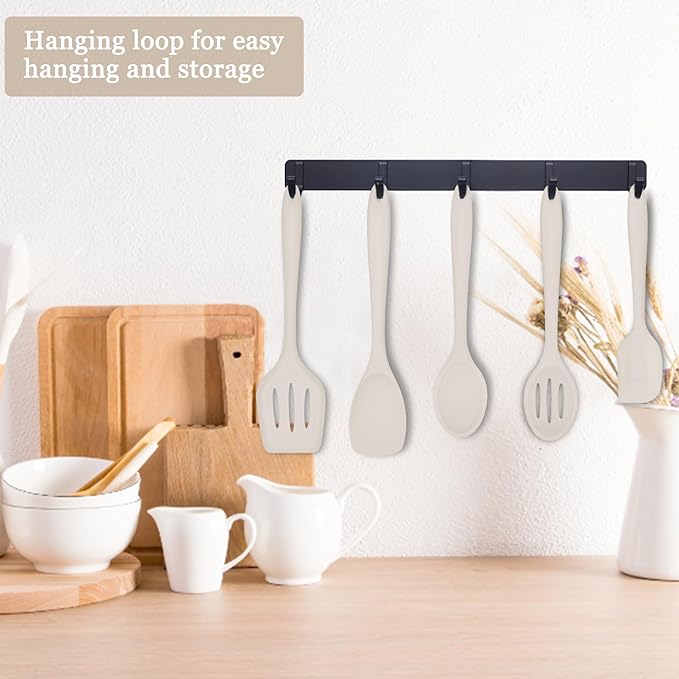 E-far 10 Pieces Silicone Cooking Utensils Set, Heat Resistant Kitchen Utensil Set for Nonstick Cookware, Kitchen Cooking Tools with Spatula, Spoon, Slotted Turner, Non-Toxic & Dishwasher Safe (Khaki)