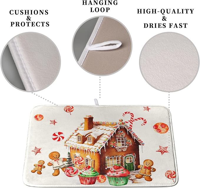 Christmas Gingerbread Man Drying Mat for Kitchen Counter Winter Cute Gingerbread House Candy Cane Cookies Dish Drying Mats Xmas Holiday Dish Drainer Mats Absorbent Reversible Drying Pad 18x24 Inch
