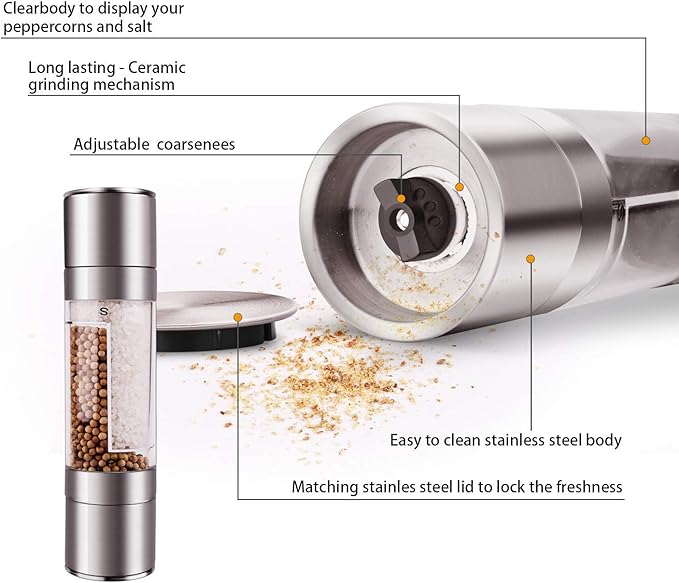 Mixoo Salt and Pepper Grinder - 2 in 1 Manual Stainless Steel Salt Pepper Mill Herb Spice Grinder Shakers Refillable with Adjustable Coarseness Ceramic Rotor and Dual Clear Acrylic Chamber