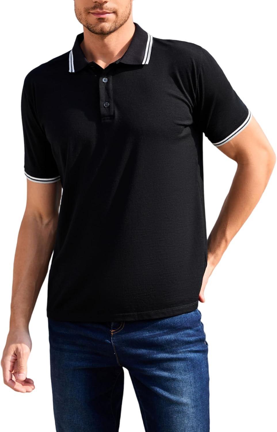 Merino Wool Polo Shirts for Men for Work Sport, Lightweight Breathable Moisture Wicking Mens Polo Shirt Short Sleeve
