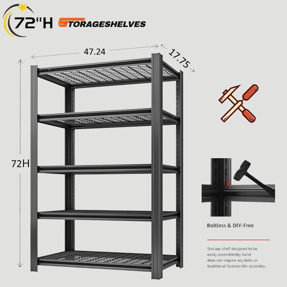 5 Tier Metal Shelving Unit, Adjustable Storage Shelves, 72" H x 47.47" W x 17.75" D Heavy Duty Garage Shelves for Warehouse, Basement, Kitchen, Pantry, Living Room, Black