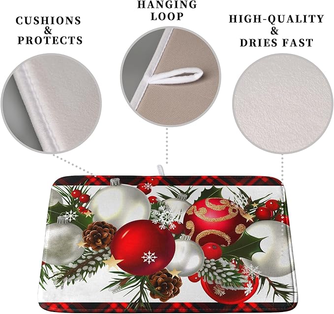 Red Buffalo Plaid Christmas Kitchen Drying Mats for Dishes Xmas Ball Snowflake Pine Cones Dish Drainer Rack Mat Winter Microfibe Absorbent Dish Drying Pad for Home Kitchen Counter Decor 18x24in