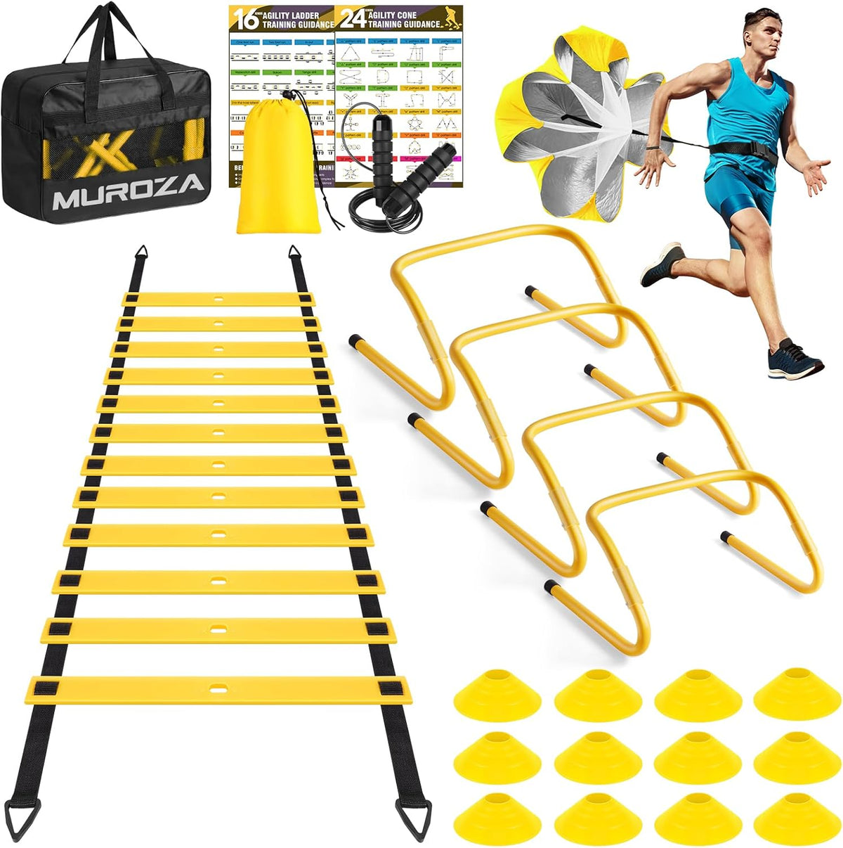 Agility Ladder, Speed Training Equipment Set, 20ft Agility Ladder, 12 Soccer Cones, 4 Hurdles, Jump Rope, Running Parachute, Basketball Football Soccer Training Equipment for Kids, Youth, Adults