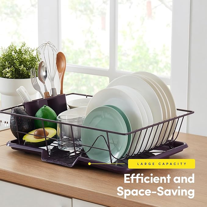 Space-Saving 3-Piece Dish Drainer Rack Set: Efficient Kitchen Organizer for Quick Drying and Storage - Includes Cutlery Holder and Drainboard - Maximize Countertop Space, Eggplant Purple