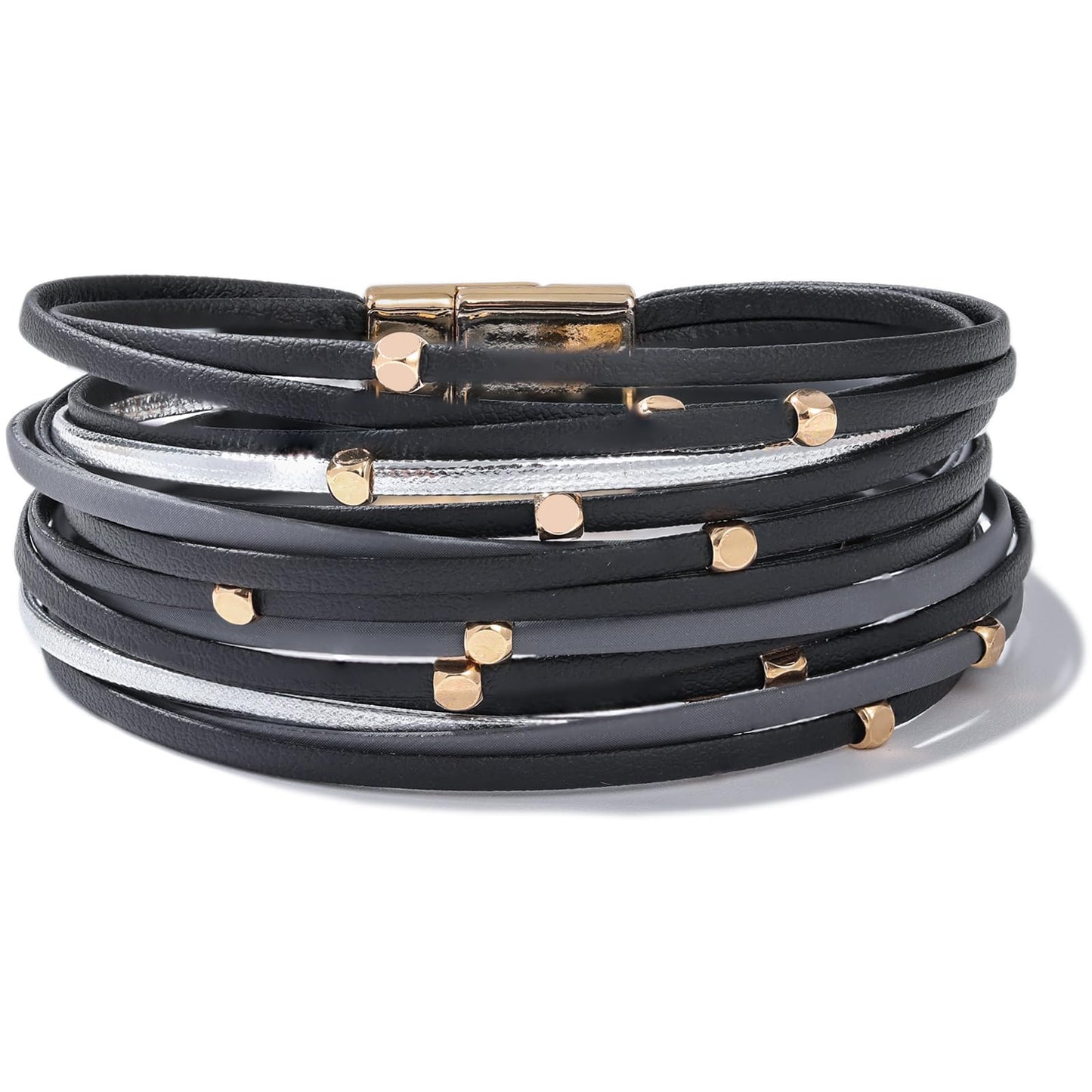 FANCY SHINY Beaded Leather Wrap Bracelets Cute Boho Stackable Bangle Cuff with Magnetic Clasp Layered Trendy Jewelry for Women(Black)